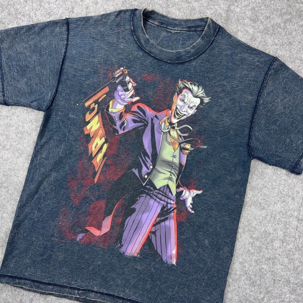 VTG DC Comics T Shirt‎ Mens Large Blue Acid Wash Batman Joker Reversible Tee 90s